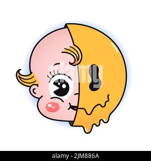 Lustige Baby Kopf und Lächeln Gesicht drucken für T-Shirt.Vector Linie Doodle traditionelle Retro-Cartoon Illustration.Funny vintage Cartoon Print Poster, T-Shirt, Aufkleber Konzept Stock Vektor