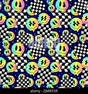 Lustige Schmelze Lächeln Gradient Gesichter Geometrie nahtlose pattern.Vector verrückt Cartoon Charakter illustration.Smile Techno Gesichter schmelzende Säure, tripy, Zellen, Techno, Raum nahtlose Muster Tapete Druckkonzept Stock Vektor