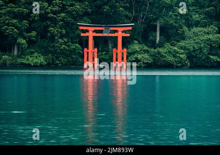 Eine Nahaufnahme des 'Heiwa-no-Torii' (Tor des Friedens) an der Küste des Ashinoko Lake in Hakone, Japan. Die meisten Besucher Hakone Schrein wird unter t posieren Stockfoto