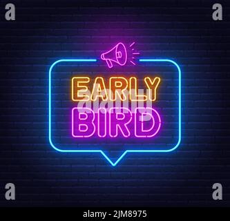 Early Bird Neon-Zeichen in der Sprechblase auf Backsteinmauer Hintergrund. Stock Vektor