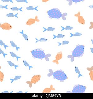 Niedlichen Fisch Meer oder Fluss Kreaturen nahtlose Muster einfache flache Stil Doodle Vektor Illustration, Unterwasser Cartoon marine Leben wiederholen Ornament für Textil, Kindergarten Raumdekor, Home-Design Stock Vektor