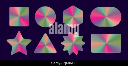 Holografische Aufkleber im Retro-Stil, Etiketten mit Vintage-Hologramm. Metallic-Embleme mit konischem Gradienten. Stock Vektor