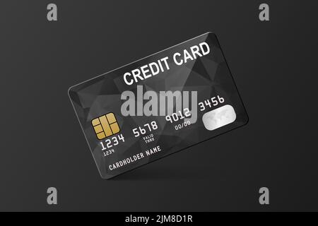 Vector 3D realistische schwarze Kreditkarte auf schwarzen Backgrouns. Design-Vorlage der Plastikkredit- oder Debitkarte. Konzept Für Die Kreditkartenzahlung. Vorderansicht Stock Vektor