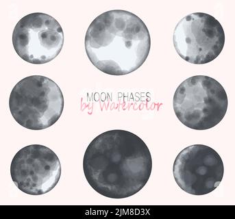 Vector Sammlung von Mondphasen in Aquarell gemalt. Himmelskörper für Design. Stock Vektor