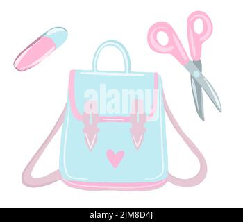 Schulbedarf Rucksack, Bleistifte, Pinsel, Farben, Lineal, Spitzer, Aufkleber. Zurück zur Schule. Stock Vektor