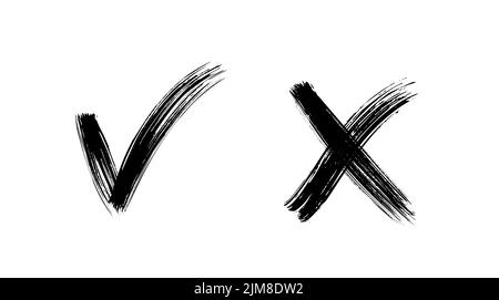 Pinsel lackiert ja und keine Häkchen. Schwarz-Weiß-Karabotafeln und Kreuzschilder. Symbole zur Genehmigung und Ablehnung gezeichneter Stimmen. X- und V-Embleme. Stock Vektor