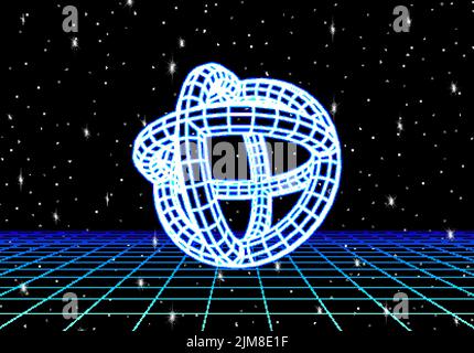 Abstrakte Neon-Formen im Retro-Raum. 80s oder synthwave gestaltete Neonobjekte im virtuellen Universum. Glänzende Neongitterelemente. Stock Vektor