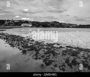 Schwarz-Weiß-Bild von Cottages am Ufer des Flusses Tavy vom Kai bei Bere Ferrers aus gesehen. Die Flut ist niedrig mit Mustern im Fluss Be Stockfoto