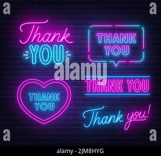Danke, dass Sie Neon-Zeichen auf Backstein Wand Hintergrund gesetzt. Stock Vektor