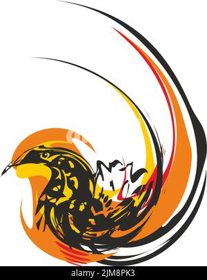 Vogellogo in Spiralform in schwarz-orangen Tönen. Emblem von Huhn mit Flammenzungen im Stammesstil isoliert einen weißen Hintergrund. Web-Symbole, Fabric Stockfoto