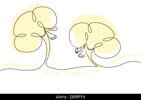 Nieren handgezeichnetes Symbol kontinuierliche Linienzeichnung und rosa flache Silhouette. Menschliche Organe. Medizin trendy Konzept eine einzeilige Design. Einfache Umrisse Stock Vektor