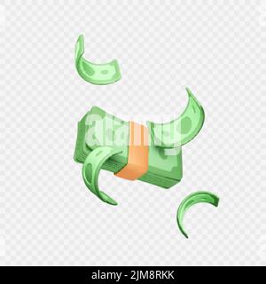Wad of Cash und sinkende Green Paper Dollars. Falling Money Vorlage im realistischen Cartoon-Stil. Geschäftsgewinn oder Jackpot-Gewinn im Casino. Vektorgrafik Stock Vektor