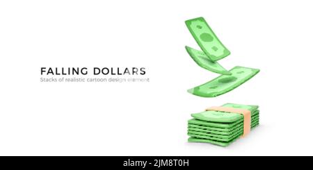 3D Grüne Dollar fallen in Geldbündel. Papierrechnungen im Cartoon-realistischen Stil. Business-Design-Element für Banner oder Poster. Vektorgrafik Stock Vektor
