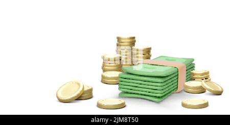 Stapel von Geld in 3D realistische Cartoon-Stil. Grüne Dollarscheine und Goldmünzen isoliert auf weißem Hintergrund. Business Object für Banner. Vektor-Illus Stock Vektor