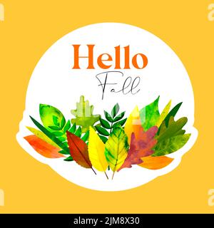 Aufkleber mit Herbstblättern Illustration und Text Hello Fall Stock Vektor