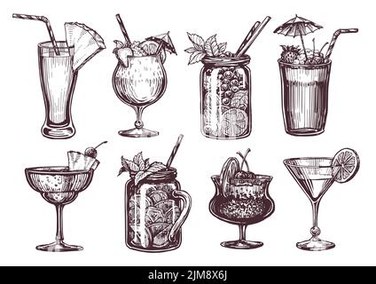 Alkoholische Cocktails. Handgezeichnete Drinks im Sketch-Stil für das Restaurant- oder Barmenü. Vektorgravur Stock Vektor