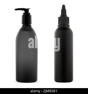 Haarkosmetik Flasche Mockup. Farbspritzrohr. Pumpspender-Flasche für professionelles kosmetisches Branding. Schwarzer Kunststoff professionelle Styling Schönheit Stock Vektor