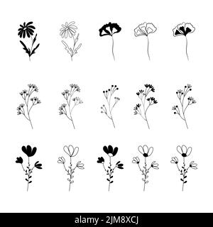 Blumenelemente und Blumen, Zweige und Blätter Set. Vektor Silhouetten von Blumen Stock Vektor