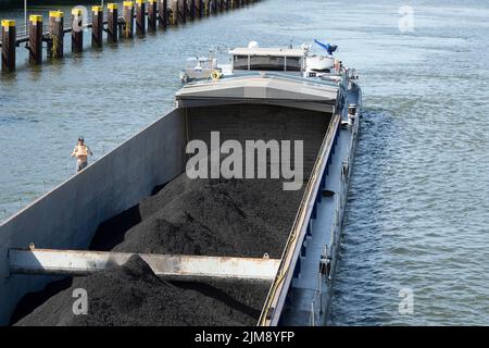 Das mit Kohle beladene Frachtschiff Willi Raab gelangt in die südliche Schleusenkammer Gelsenkirchener Schleusengruppe am Rhein-Herne-Kanal, RHK, in Gelsenkirchen, 08/03/2022, © Stockfoto