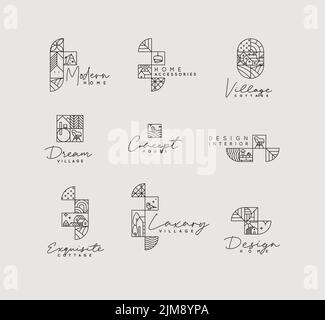 Set kreativer moderner Art-Deco-Etiketten in flacher Linienzeichnung auf grauem Hintergrund. Stock Vektor