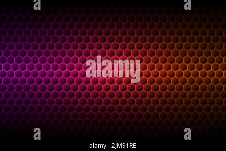 Orangefarbener Hexagon-Hintergrund. Futuristische Verlaufsstruktur. Moderne Neonzellen. Purpurnes Technologiekonzept. Abstrakt leuchtende Textur. Vektorgrafik. Stock Vektor