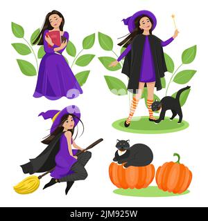 Weibliche Charaktere für Halloween Set. Eine niedliche Hexe im Umhang und Strümpfe fliegen auf einem Besenstiel, eine schwarze Katze, Kürbisse. Vektorgrafik Stock Vektor