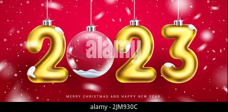 Weihnachtsfeier Zahl Vektor-Design. 2023 Neujahr hängende Dekoration mit Gold elegante Farbe in rotem Hintergrund für die Feier der Weihnachtszeit. Stock Vektor