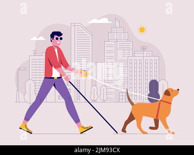Moderner blinder Mann, der mit Blindenhund läuft Stock Vektor