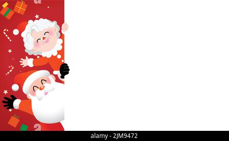 Santa Claus und Mrs Claus mit einem leeren Schild Vorlage Vektor-Illustration mit Geschenkboxen und Schneeflocken im Hintergrund. Stock Vektor