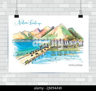 Abstraktes Bild einer Landschaft. Bild mit Bergen. Illustration mit Meer. Poster-Vorlage. Abstraktes Bild. Minimalismus. Linien. Stock Vektor