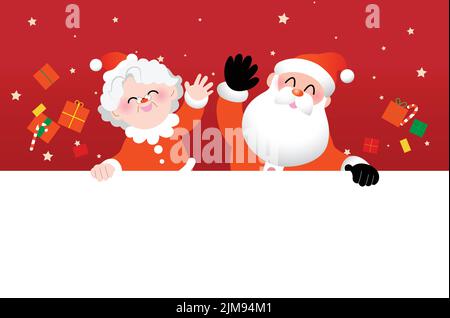 Weihnachtsmann und Frau Claus winken mit leeren horizontalen Schild Vorlage Vektor-Illustration mit Geschenkboxen und Schneeflocken im Hintergrund. Stock Vektor