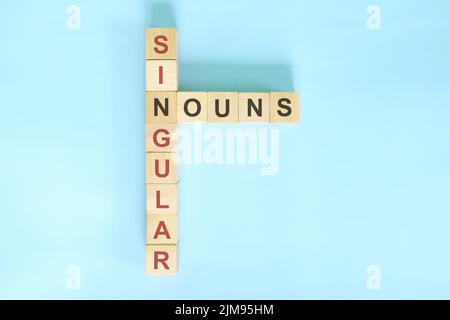 Singular Substantive Konzept in der englischen Grammatikausbildung. Holzblock Kreuzworträtsel flach lag auf blauem Hintergrund. Stockfoto