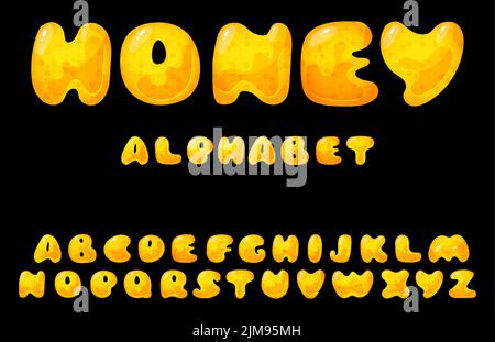Honigsüße Schrift. Flüssiger Honig Cartoon Alphabet, Gelbe Wabenvektor Schriftart. Stock Vektor