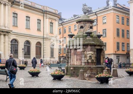 Der Brunnen Im Stortorget Square Gamla Stan Stock Stockfoto