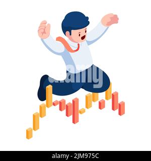 Flacher, isometrischer Geschäftsmann aus dem jahr 3D, springt über die Abwärtstrend-Aktienmarktkarte. Aktienmarkt- und Finanzkonzept. Stock Vektor
