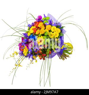 Blumenstrauß aus Orchideen, Rosen und Gerbera Blumen isoliert auf weißem Hintergrund. Stockfoto