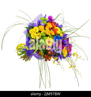 Blumenstrauß aus Orchideen, Rosen und Gerbera Blumen isoliert auf weißem Hintergrund. Stockfoto