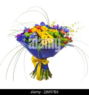 Blumenstrauß aus Orchideen, Rosen und Gerbera Blumen isoliert auf weißem Hintergrund. Stockfoto