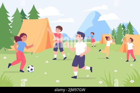 Cartoon-Kinder tun verschiedene Sportarten im Sommerlager. Jungen und Mädchen spielen Fußball und Tennis flache Vektor-Illustration. Gesunder Lebensstil, Campin Stock Vektor