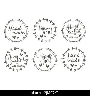 Handgemachtes Blatt Kreis Kranz Doodle Label-Set. Handgemacht und mit Liebe und Dank gefertigt Lettering Vektor-Stempel-Set. Stock Vektor