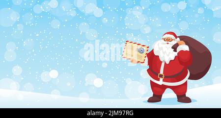 Weihnachtsmann mit einer Geschenktüte und einem Brief auf einem Hintergrund von blauem Schneefall. Flache Vektor-Cartoon-Vorlage für Werbung mit Platz für Text kopieren. Stock Vektor