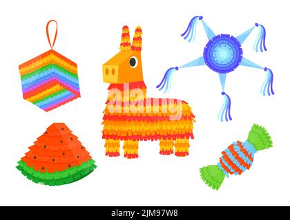 Niedliche bunte Pinatas für Partys Vektor-Illustrationen-Set. Mexikanisches Papierspielzeug mit Leckereien innen in Form von Esel, Süßigkeiten für Geburtstag oder Karneval i Stock Vektor