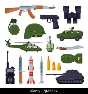 Armee Waffen Illustration Set. Militärische Ausrüstung. Vektorbilder von Raketen, Panzer, Trägerrakete, Rakete im flachen Stil. Krieg, Kampf Konzept Stock Vektor