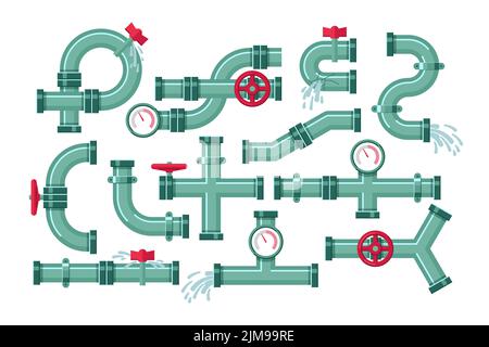 Zerbrochene Metallrohre mit Leckage des Wasseraufstells. Vektorgrafiken von Industrierohrleitungen mit Leckagen. Karikatur-Hahn, Druckmesser, Ventil- oder Schlauchleck Stock Vektor