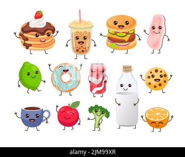 Frühstückssnacks mit niedlichen Gesichtern. Lustige Pfannkuchen, Speck, eine Flasche Milch, Apfel, Kekse, tasse Kaffee, Toast und Getränke auf weißem Hintergrund. H Stock Vektor