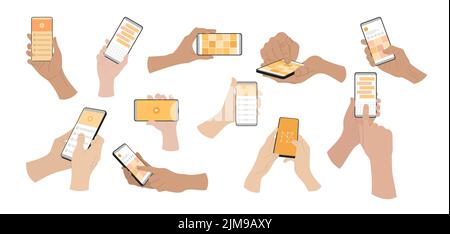 Hände von Menschen, die mobile Apps in Smartphones verwenden. Vektor-Illustrationen von Personen, die Aktionen mit Telefonen zeigen. Cartoon Finger wischen, zeigen, se Stock Vektor