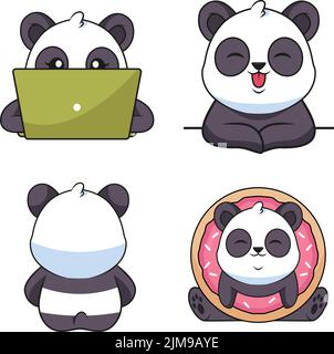 Sammlung von handgezeichneten Pandas mit einem Laptop, lächelnd, zurücklehnen, Donut haltend Stock Vektor