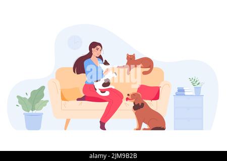 Glückliche Cartoon-Frau spielt mit Haustieren auf dem Sofa zu Hause. Besitzer von Hunden und Katzen lächeln und entspannen auf der Couch in gemütlichen Zimmer flache Vektor-Illustration. Kuppel Stock Vektor