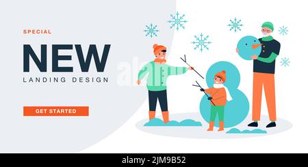 Glückliche Mutter, Großvater und Kind machen Schneemann im Freien. Menschen spielen zusammen in Winterlandschaft flache Vektor-Illustration. Fun Family Time Konz Stock Vektor