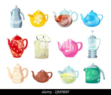 Bunte Teekannen und Wasserkocher Cartoon Illustration Set. Keramik- und Glas-Teekocher zum Kochen von Wasser, Geschirr für Teezeremonie zu Hause. Haushalt, Stock Vektor